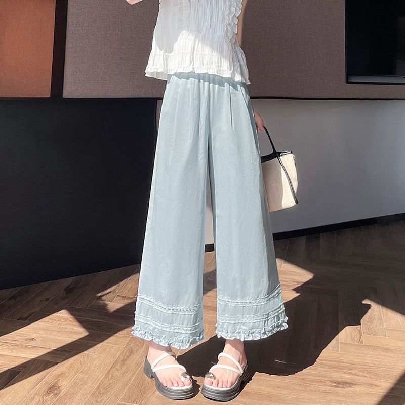 Wide Trim Lace Plain Frill Rise High Pants Cropped Leg Panel