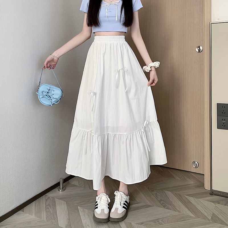 Midi High Bow Accent Rise Plain Skirt A-Line