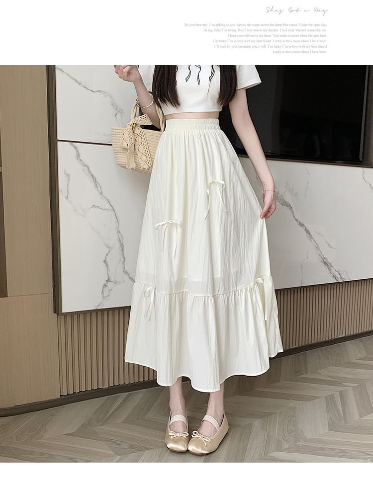 Midi High Bow Accent Rise Plain Skirt A-Line