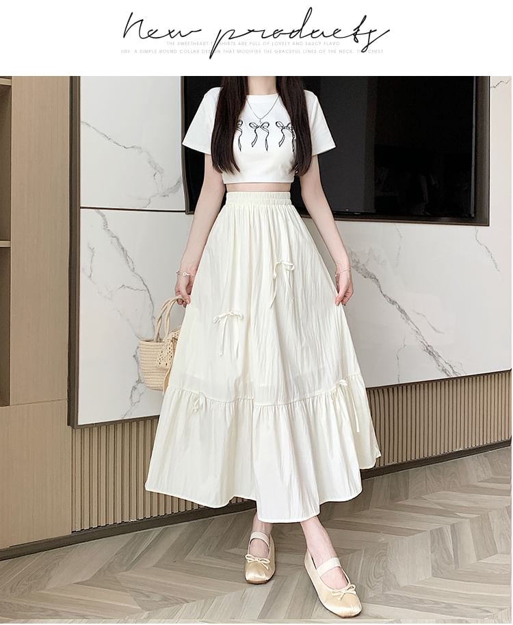 Midi High Bow Accent Rise Plain Skirt A-Line
