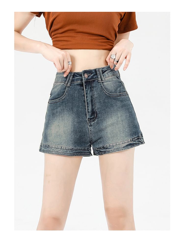 Washed Denim Waist High Hot Pants