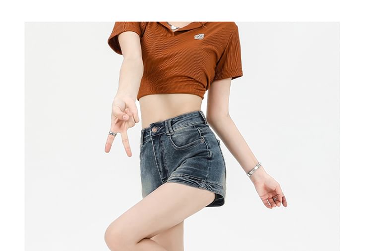 Washed Denim Waist High Hot Pants