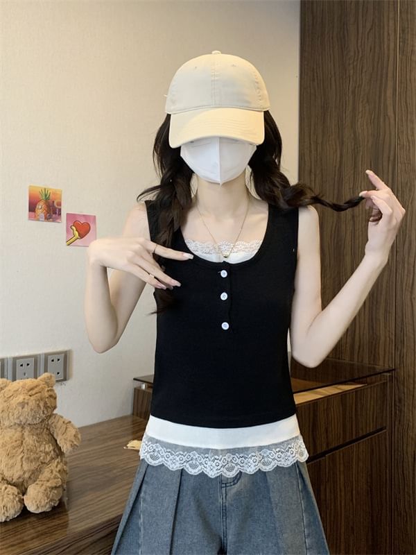 Lace-Trimmed Tank Top with Round Neck