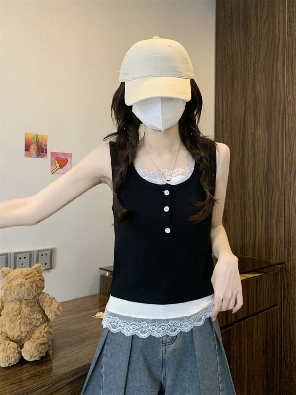 Lace-Trimmed Tank Top with Round Neck