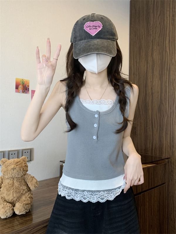 Lace-Trimmed Tank Top with Round Neck