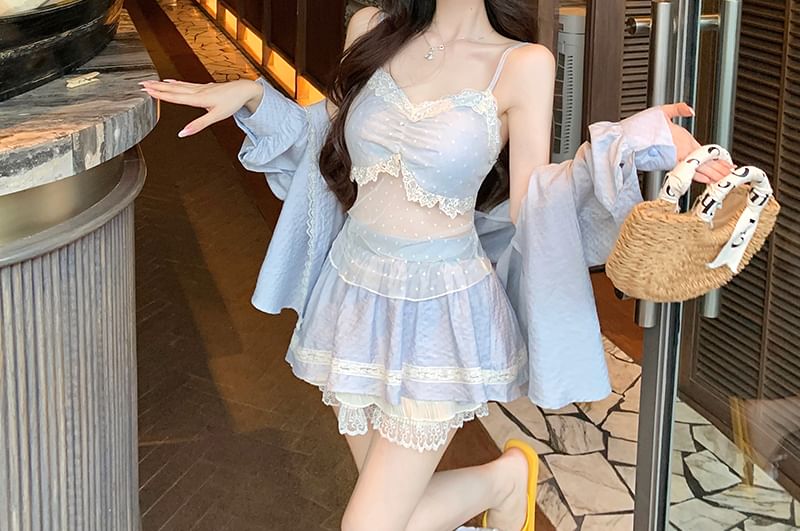 Lace Trim Crop Set: Camisole, Skirt, Shirt - LaceLux