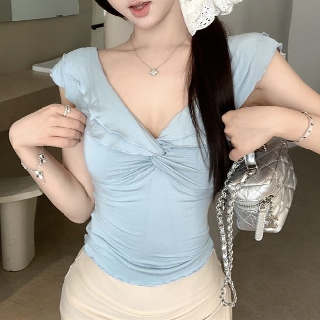 Knot Cap-Sleeve Plain T-Shirt V-Neck