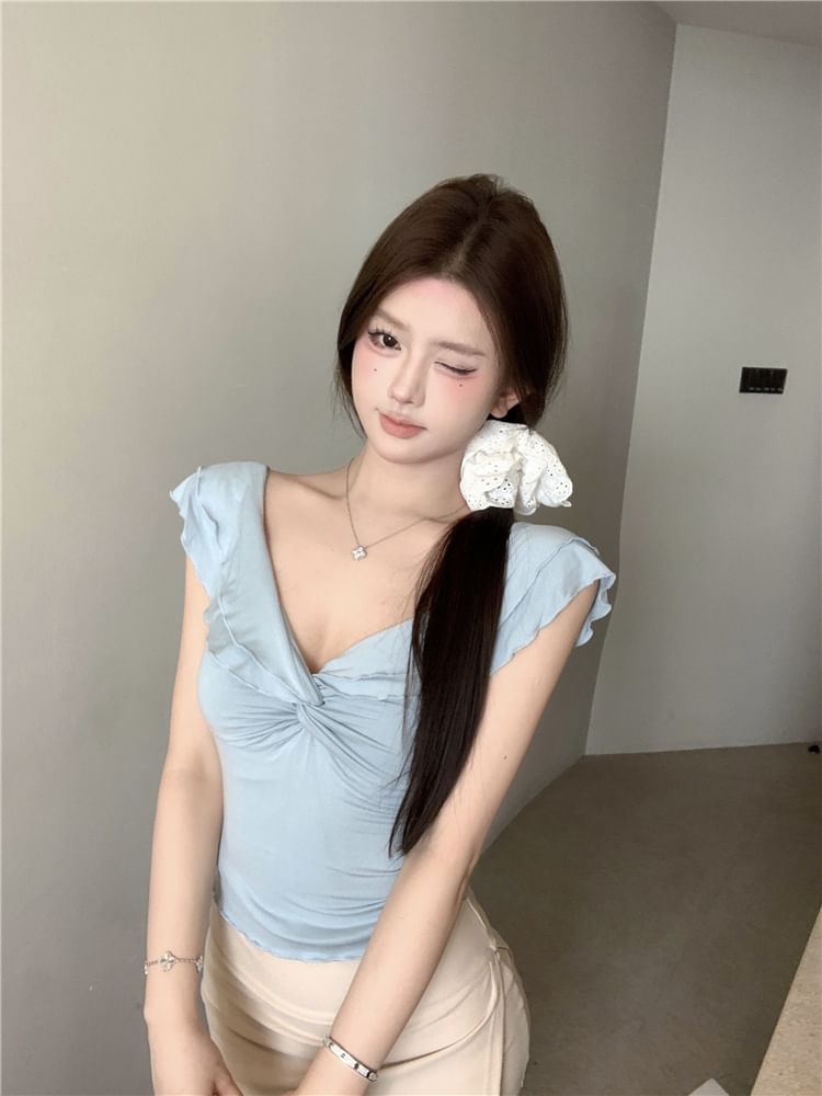 Knot Cap-Sleeve Plain T-Shirt V-Neck