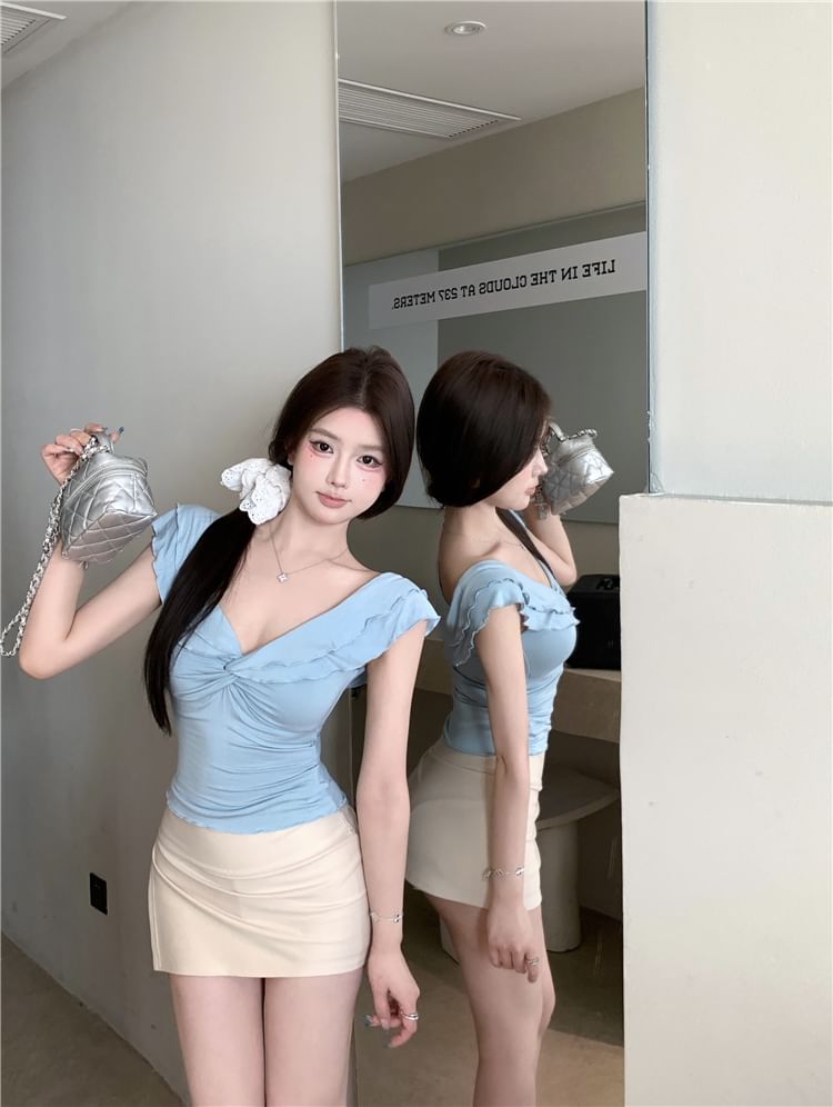 Knot Cap-Sleeve Plain T-Shirt V-Neck