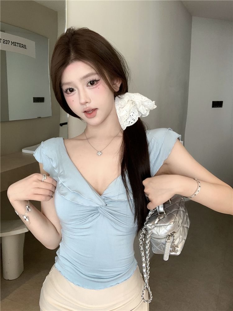 Knot Cap-Sleeve Plain T-Shirt V-Neck