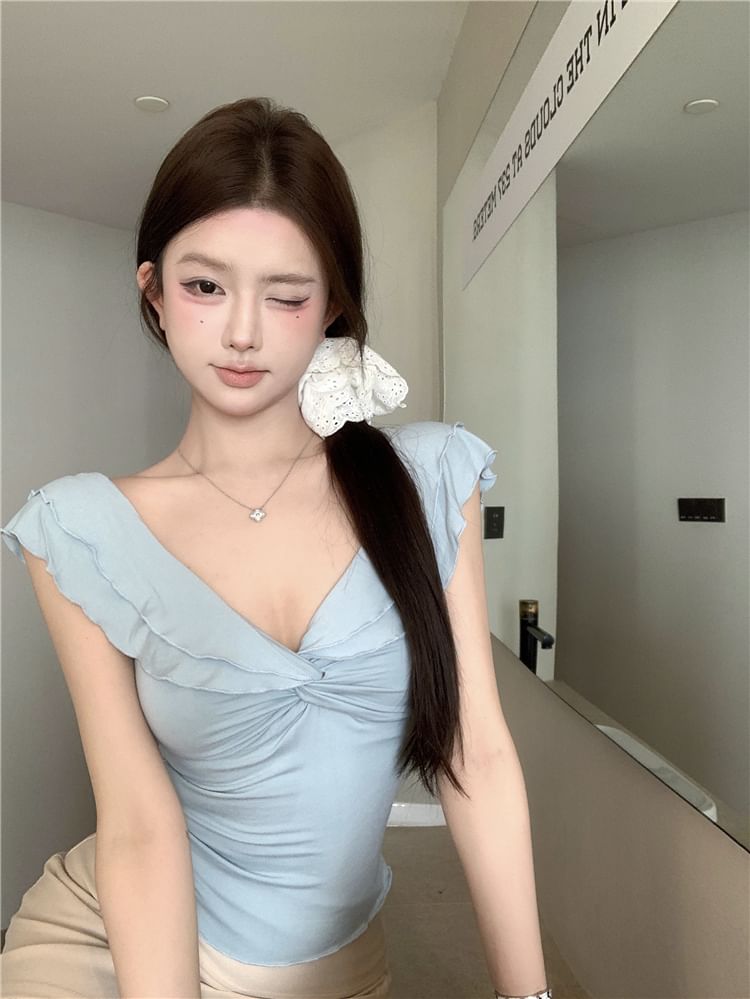 Knot Cap-Sleeve Plain T-Shirt V-Neck