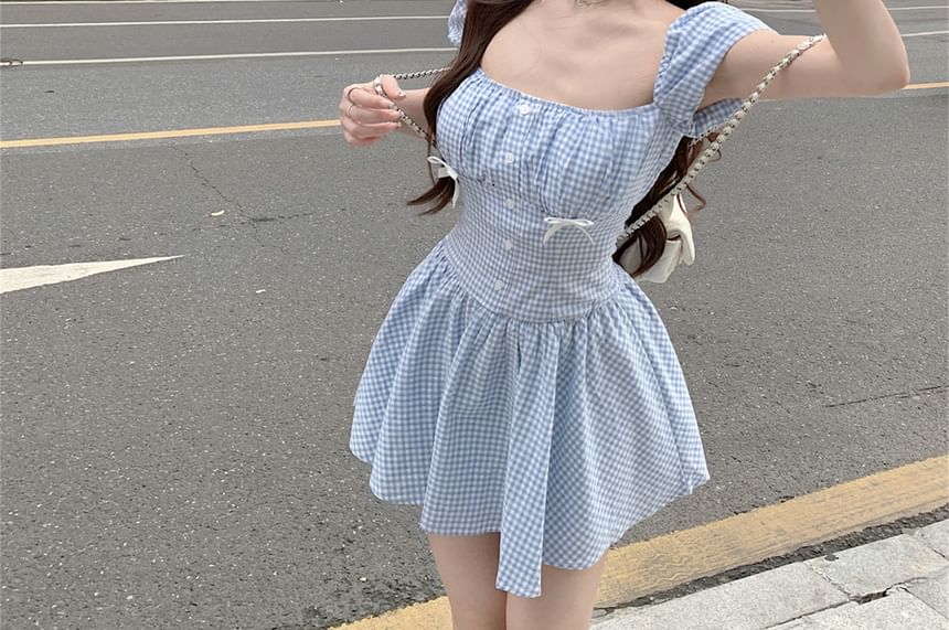 Mini Dress A-Line Gingham Puff-Sleeve Kerchief / Bow