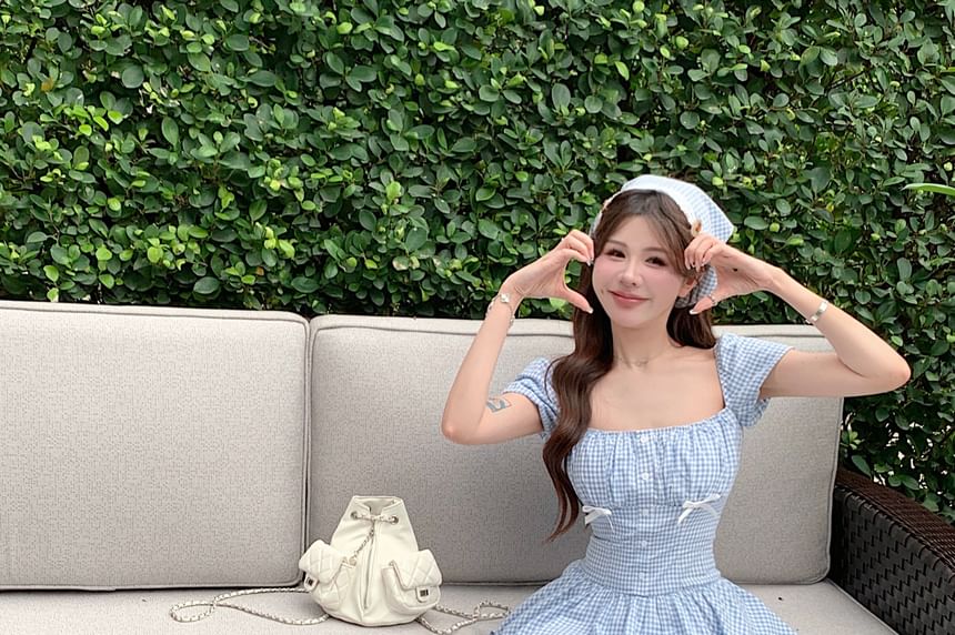 Mini Dress A-Line Gingham Puff-Sleeve Kerchief / Bow