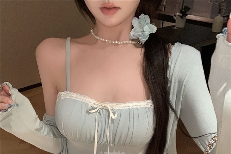 Jacket Camisole Top Plain Edge Trim Light Lace Lettuce / Bow