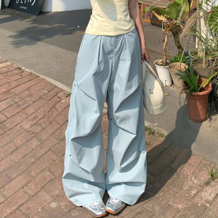 Mid Pants Ruched Plain Wide Leg Waist