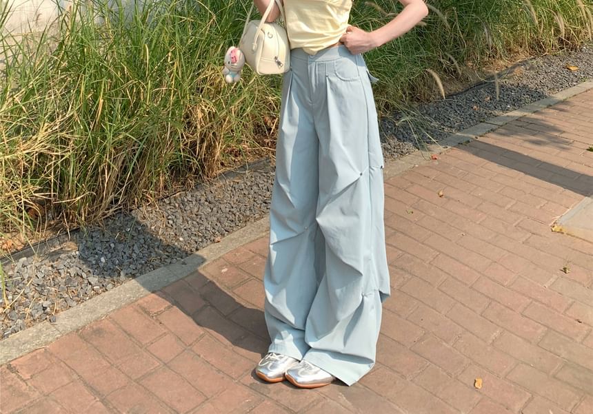 Mid Pants Ruched Plain Wide Leg Waist