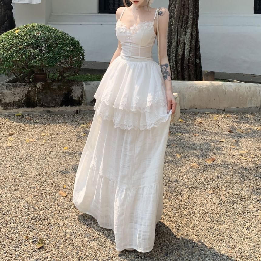 A-Line Lace Top Maxi Trim Camisole Skirt / Waist Plain High Peplum