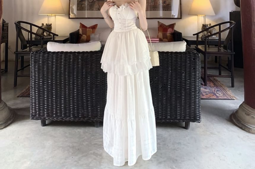 A-Line Lace Top Maxi Trim Camisole Skirt / Waist Plain High Peplum