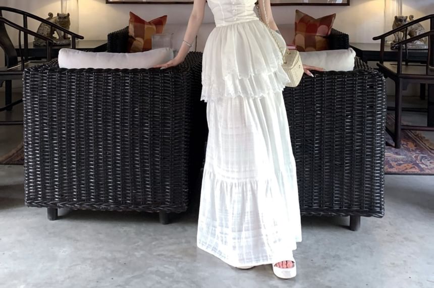 A-Line Lace Top Maxi Trim Camisole Skirt / Waist Plain High Peplum