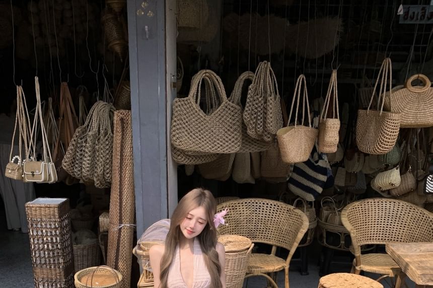 Rise V-Neck A-Line Maxi Low + Halter Top Set: Cropped Asymmetrical Skirt Plain