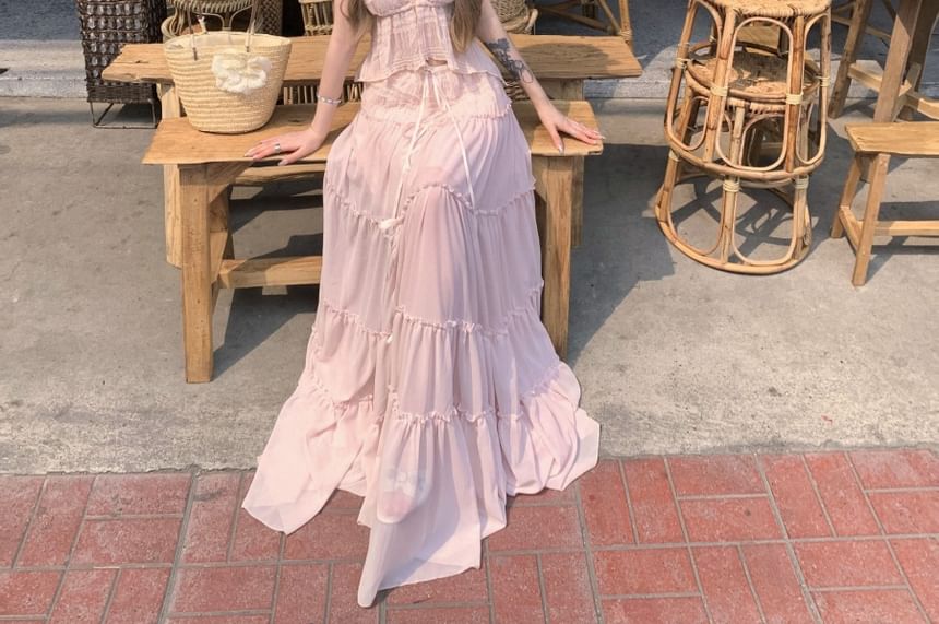 Rise V-Neck A-Line Maxi Low + Halter Top Set: Cropped Asymmetrical Skirt Plain