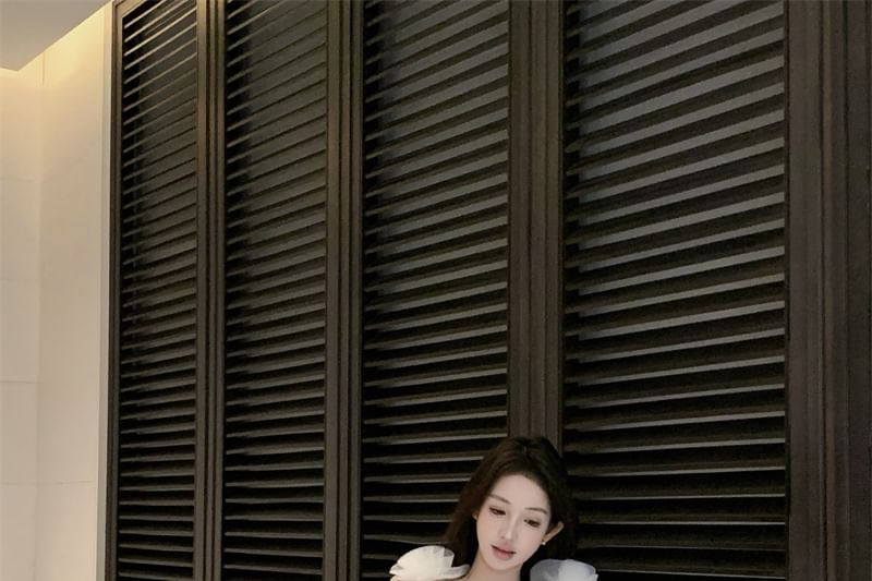 Mini Detail Mesh Strap Plain Spaghetti Flower Sundress