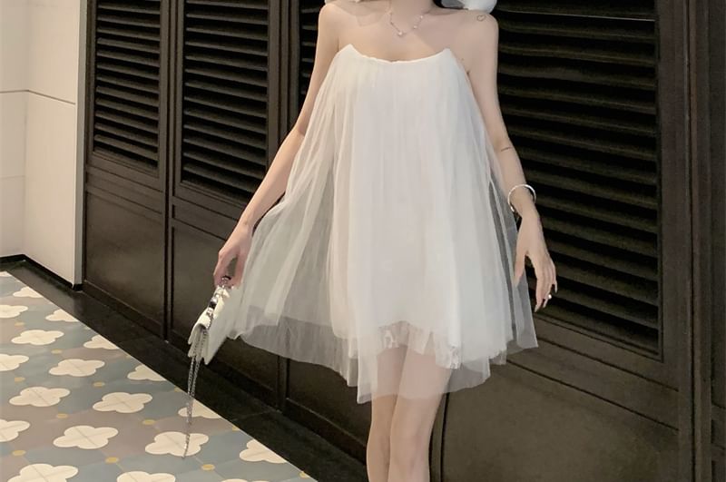 Mini Detail Mesh Strap Plain Spaghetti Flower Sundress