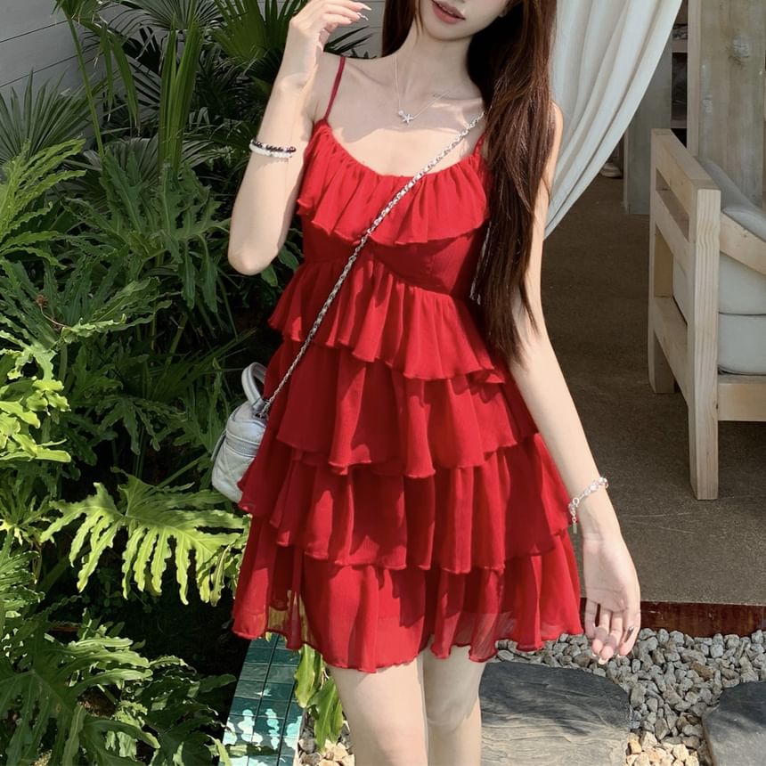 Sundress Plain Ruffle Mini Spaghetti Strap