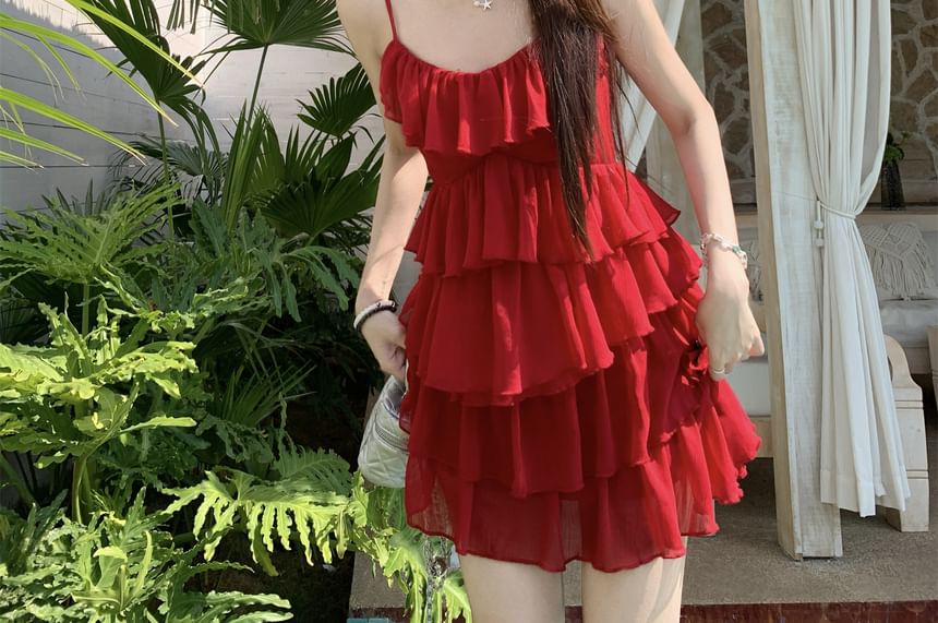 Sundress Plain Ruffle Mini Spaghetti Strap