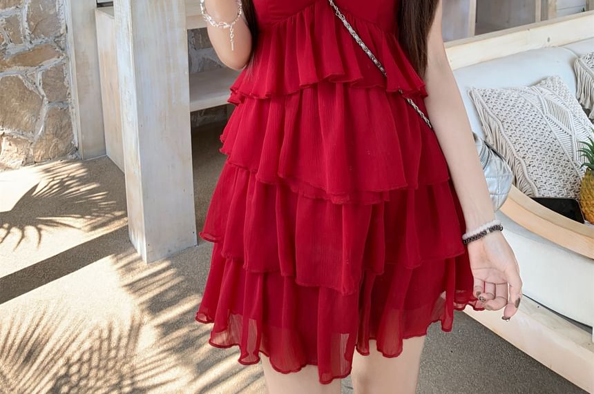 Sundress Plain Ruffle Mini Spaghetti Strap