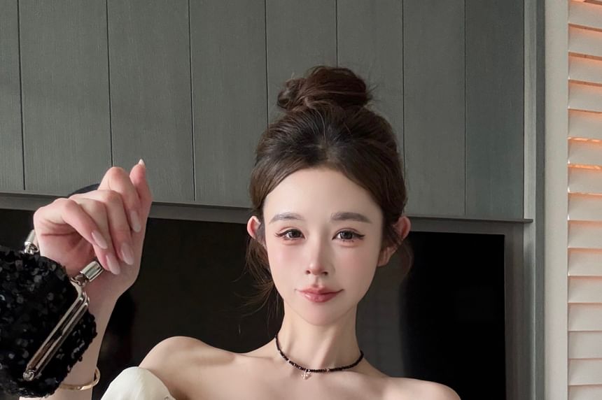 Plain Rhinestone Bow Blouse Off-Shoulder Puff-Sleeve