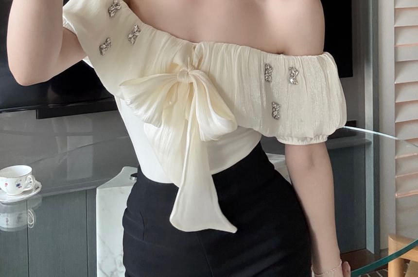 Plain Rhinestone Bow Blouse Off-Shoulder Puff-Sleeve
