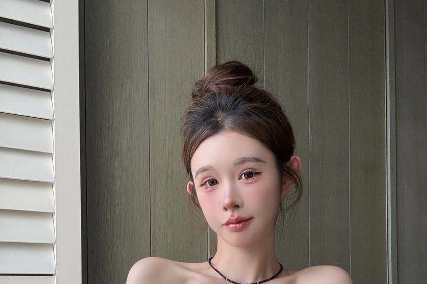 Plain Rhinestone Bow Blouse Off-Shoulder Puff-Sleeve