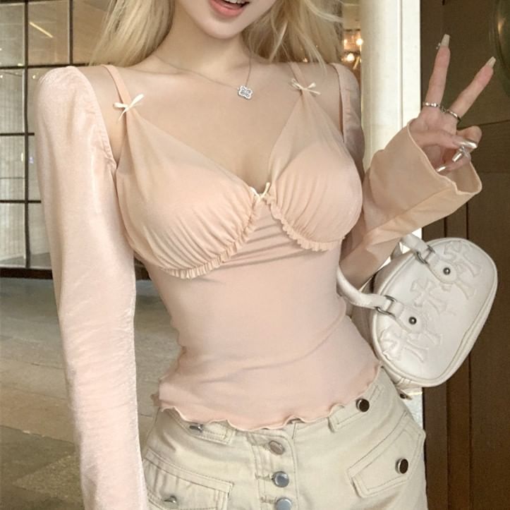 Mesh Panel T-Shirt Long-Sleeve Edge Lettuce Two-Piece Plain V-Neck Mock