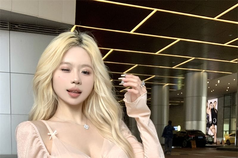 Mesh Panel T-Shirt Long-Sleeve Edge Lettuce Two-Piece Plain V-Neck Mock