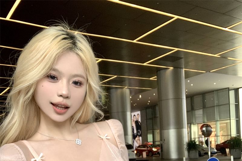 Mesh Panel T-Shirt Long-Sleeve Edge Lettuce Two-Piece Plain V-Neck Mock