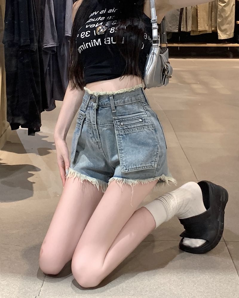 Hot High Denim Fringed Pants Trim Waist Washed