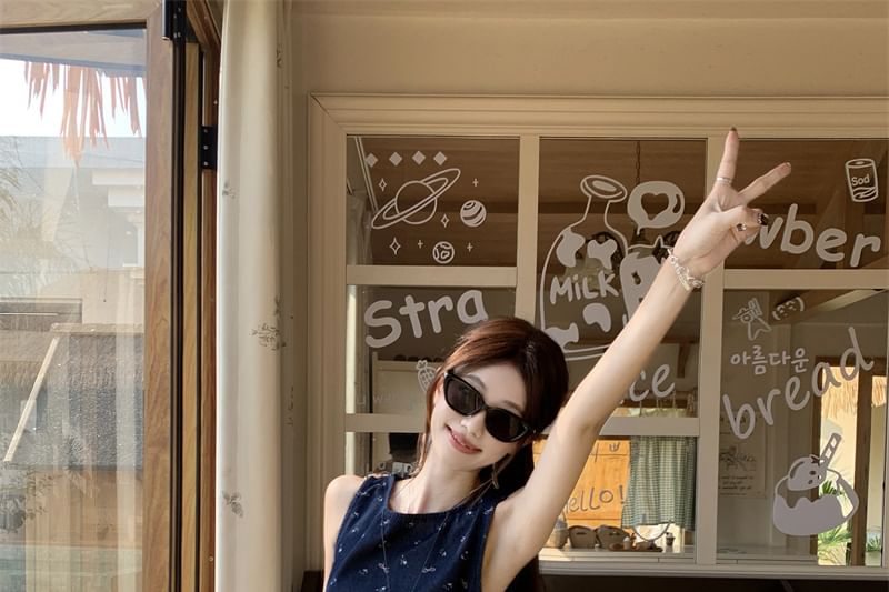 Leg High Asymmetrical Plain Tank Pants / Rise Wide Top Floral