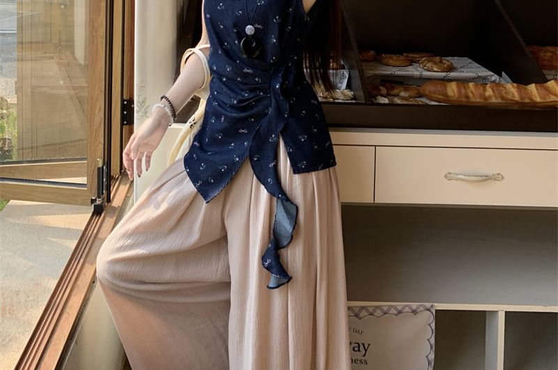 Leg High Asymmetrical Plain Tank Pants / Rise Wide Top Floral