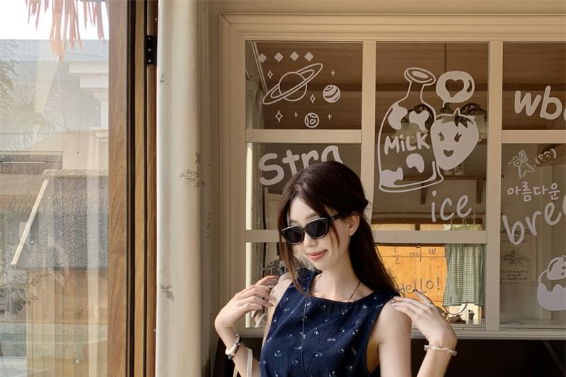 Leg High Asymmetrical Plain Tank Pants / Rise Wide Top Floral