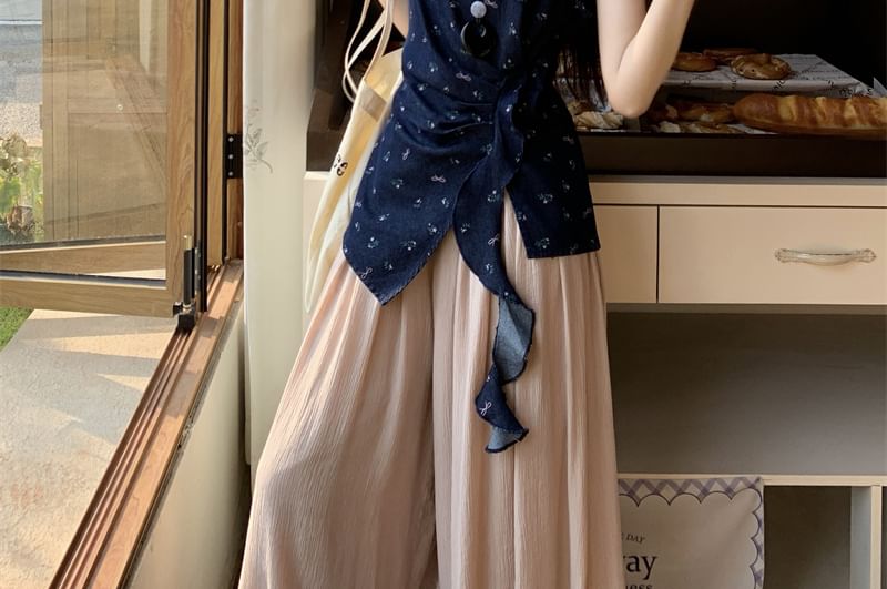 Leg High Asymmetrical Plain Tank Pants / Rise Wide Top Floral