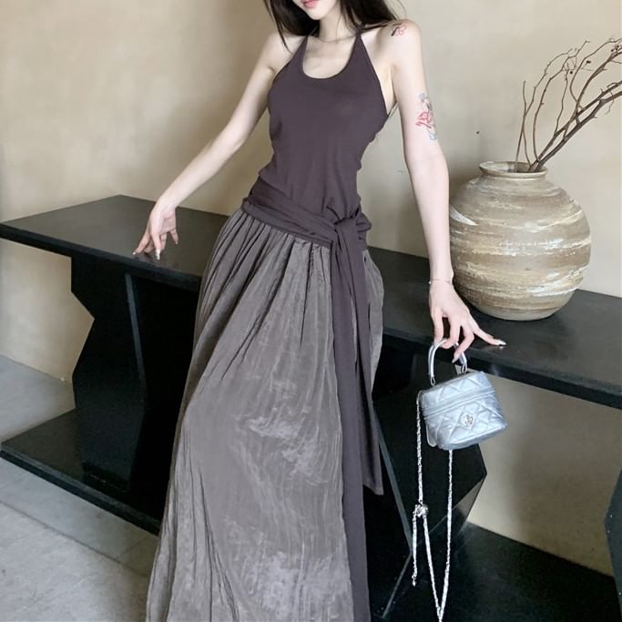Top Skirt Maxi High / Waist Scoop Halter Tie Neck A-Line Plain