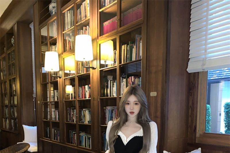 A-Line / Cami High Plain Trim Blouse Top Puff-Sleeve Pleated Waist Plaid Button-Up Striped Mini Skirt Lace