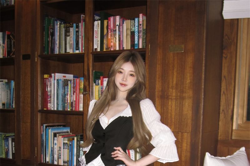 A-Line / Cami High Plain Trim Blouse Top Puff-Sleeve Pleated Waist Plaid Button-Up Striped Mini Skirt Lace