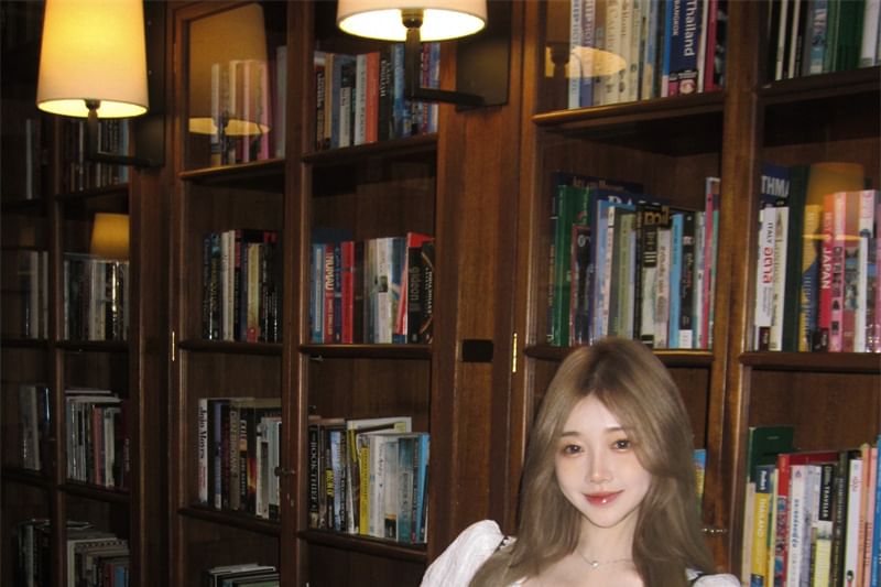 A-Line / Cami High Plain Trim Blouse Top Puff-Sleeve Pleated Waist Plaid Button-Up Striped Mini Skirt Lace