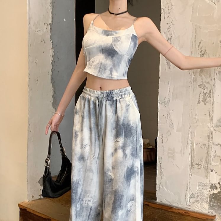 Neck Scoop Tie Dye Camisole Waist Drawstring Leg Cropped Wide / Pants Top