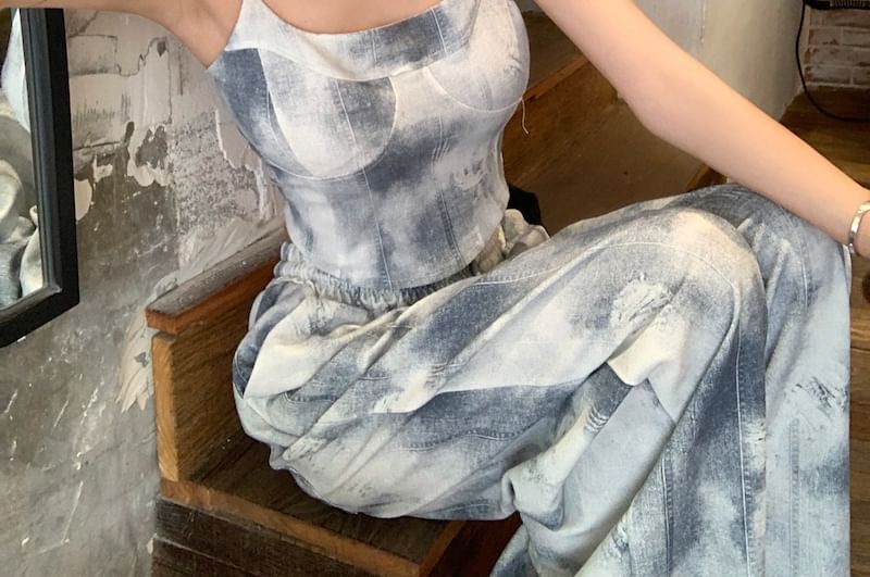 Neck Scoop Tie Dye Camisole Waist Drawstring Leg Cropped Wide / Pants Top