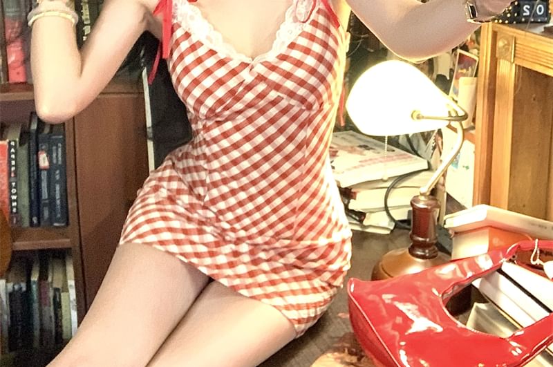 Mini Trim Spaghetti Bodycon Lace Bow Strap Plaid Dress