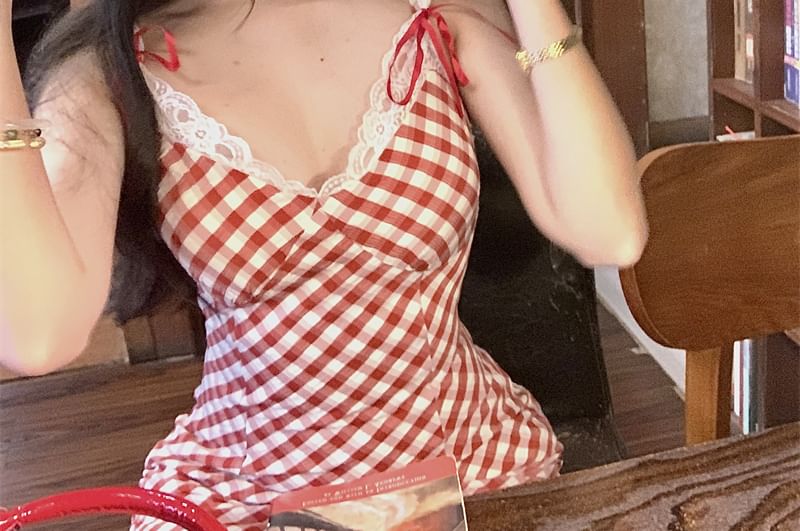 Mini Trim Spaghetti Bodycon Lace Bow Strap Plaid Dress