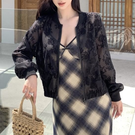 Zip Jacket Flower Sheer Embroidered